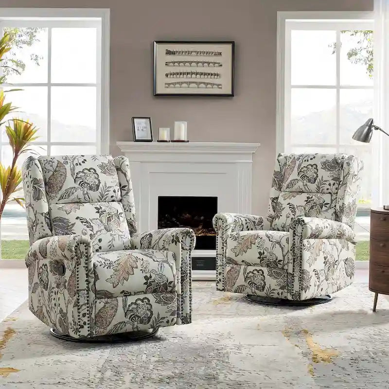 Leopold Transitional Floral Print Manual Swivel Rocking Recliner with Nailhead Trims Set of 2 by HULALA HOME