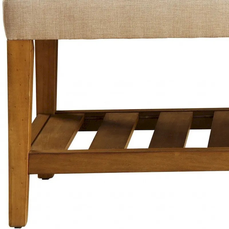 HomeRoots 40 Beige and Brown Upholstered Polyester Bench with Shelves