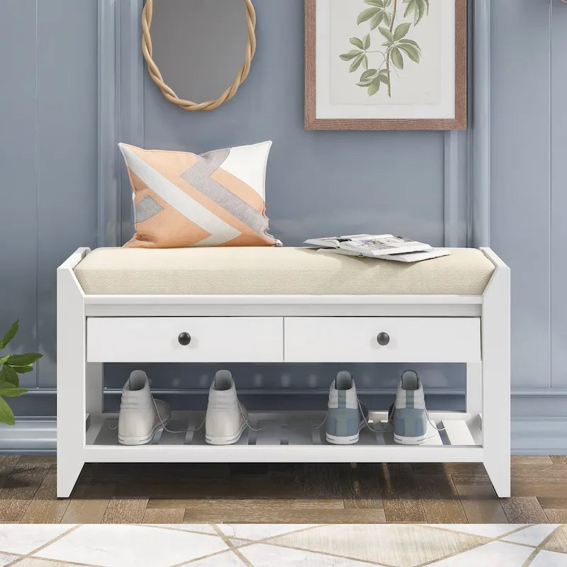 Contemporary Cushioned Shoe Rack with 2 Drawers and Open Shelf