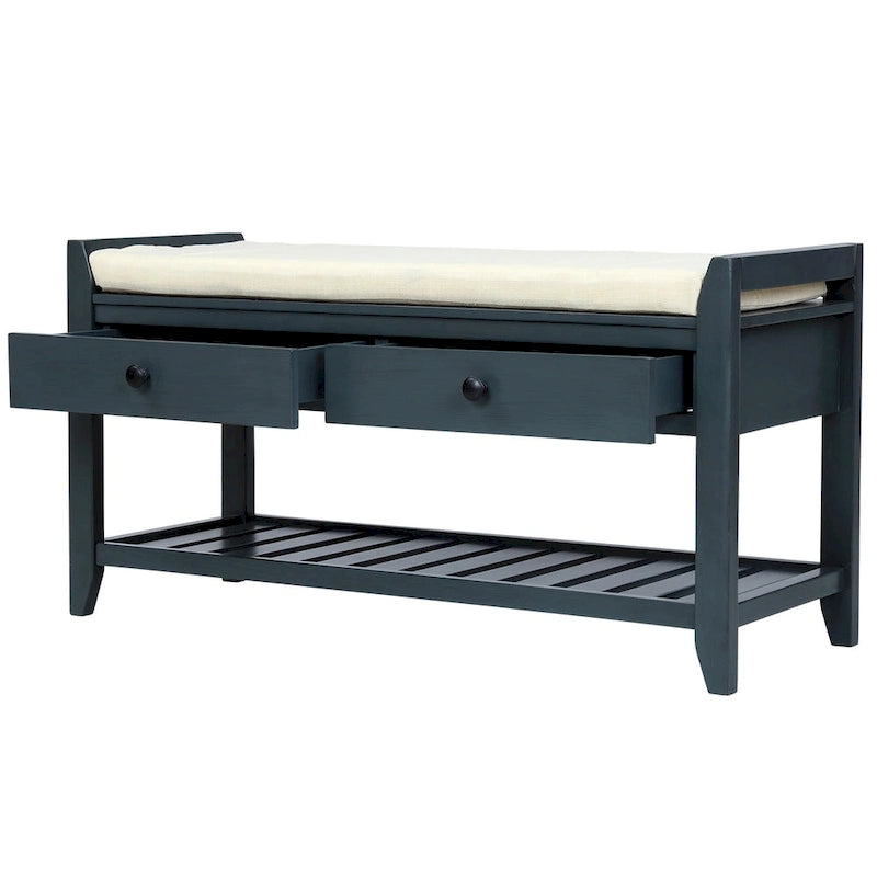 Contemporary Cushioned Shoe Rack with 2 Drawers and Open Shelf