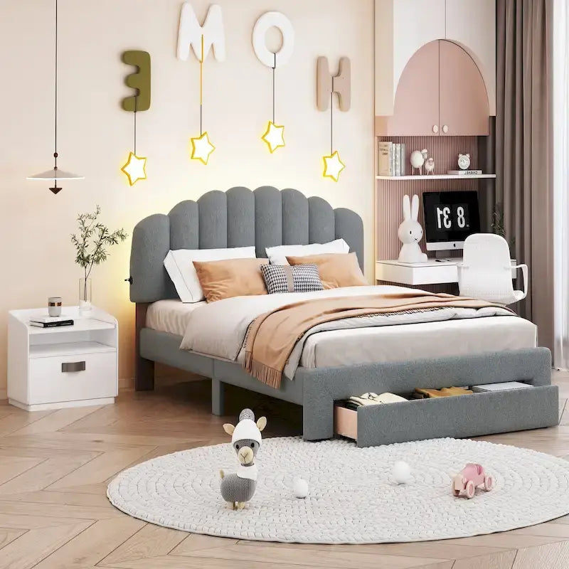 Queen Size Upholstered Platform Bed with Drawer