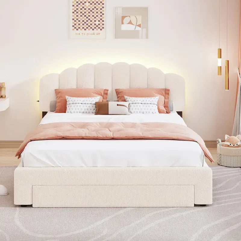 Queen Size Upholstered Platform Bed with Drawer