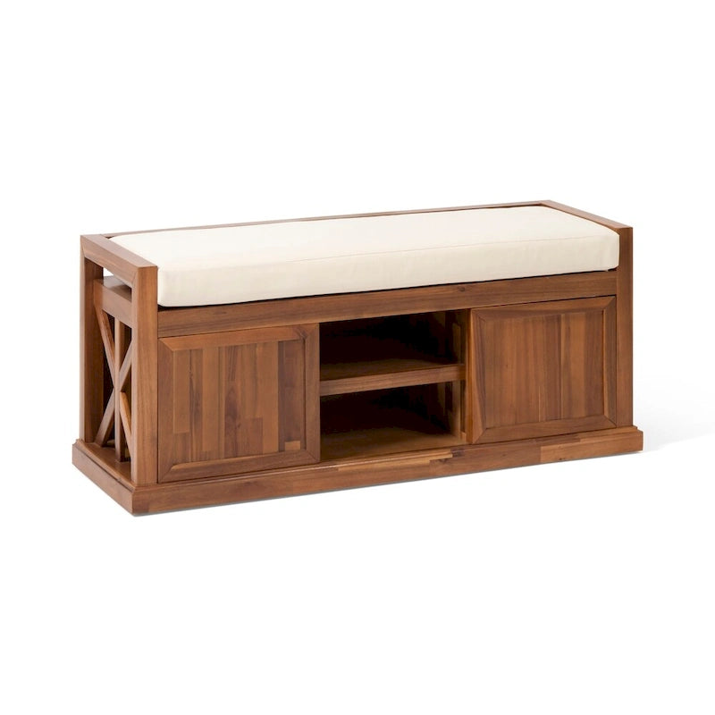 Cantebella Modern Acacia Wood Storage Bench with Cushion