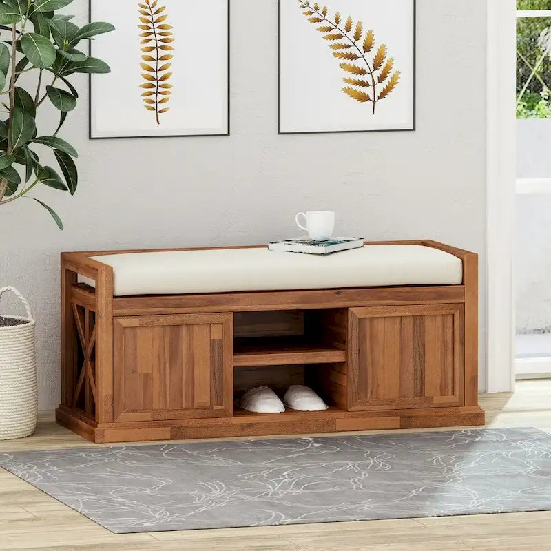 Cantebella Modern Acacia Wood Storage Bench with Cushion
