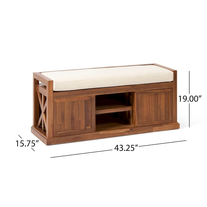 Cantebella Modern Acacia Wood Storage Bench with Cushion