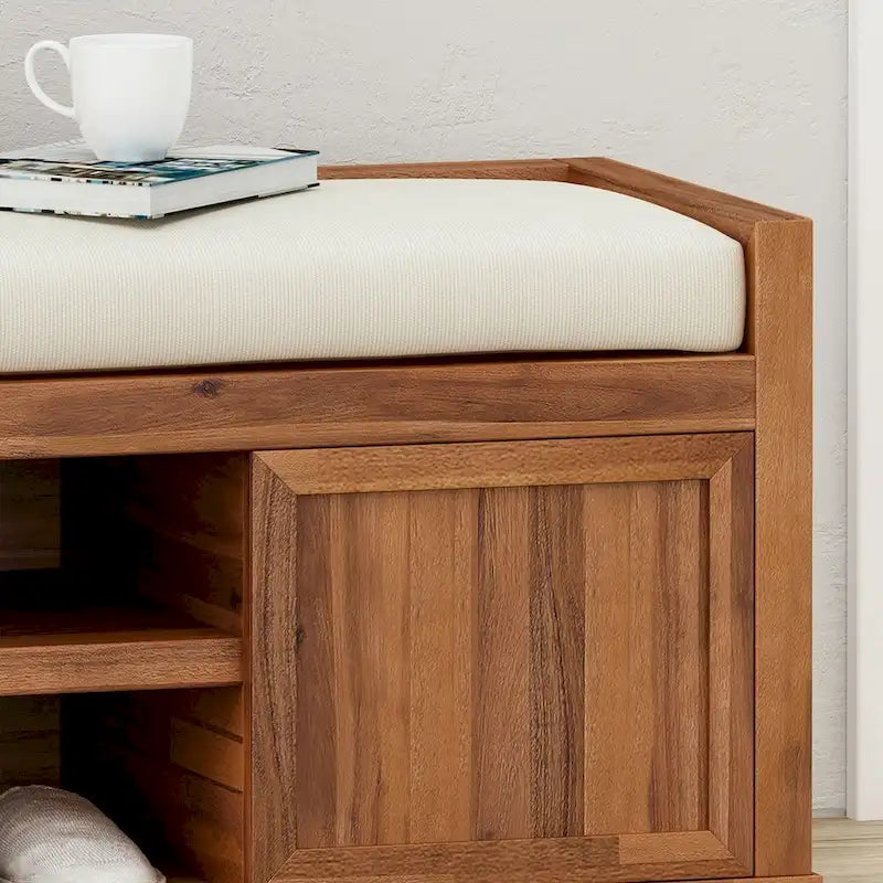 Cantebella Modern Acacia Wood Storage Bench with Cushion