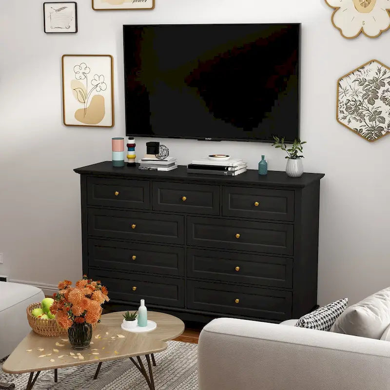 9-Drawer Dresser with Solid Wood Legs Chest Of Drawers Lacquer Console