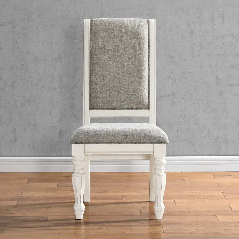 Roundhill Furniture Belleza Antique White Solid Wood Upholstered Dining Chairs, Set of 2