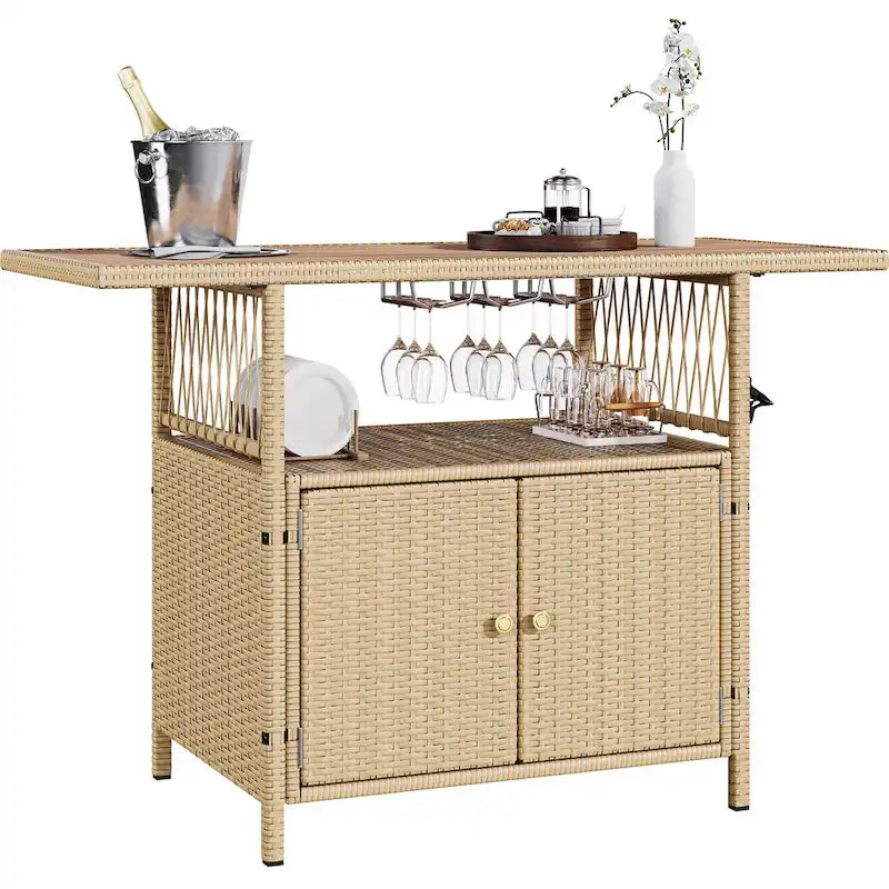 Moasis Outdoor Storage Cabinet Patio Wicker Bar Counter Backyard Furniture w/Plastic Wood Tabletop - 50.4L x20.9W x 33.9H