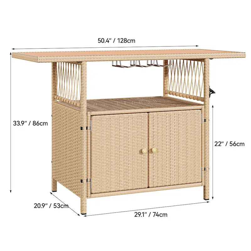 Moasis Outdoor Storage Cabinet Patio Wicker Bar Counter Backyard Furniture w/Plastic Wood Tabletop - 50.4L x20.9W x 33.9H