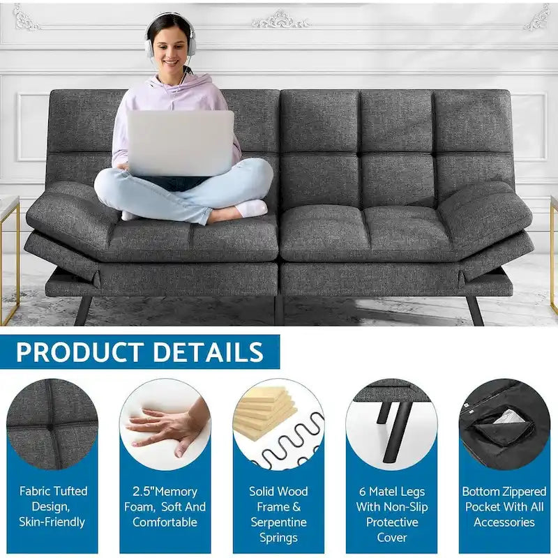 Memory Foam Futon Couch Bed Convertible Sofa with Adjustable Splitback for Compact Living Space