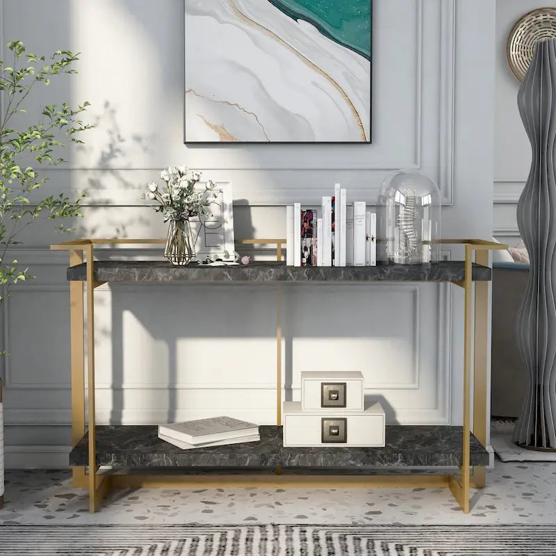 Lovell Glam Gold and Black 51-inch Faux Marble 1-Shelf Sofa Table