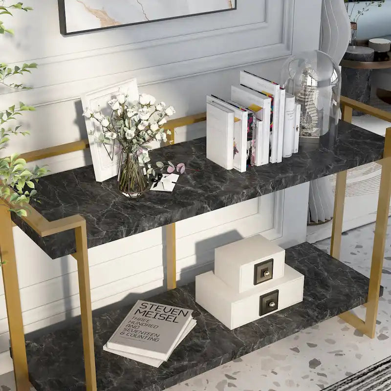 Lovell Glam Gold and Black 51-inch Faux Marble 1-Shelf Sofa Table