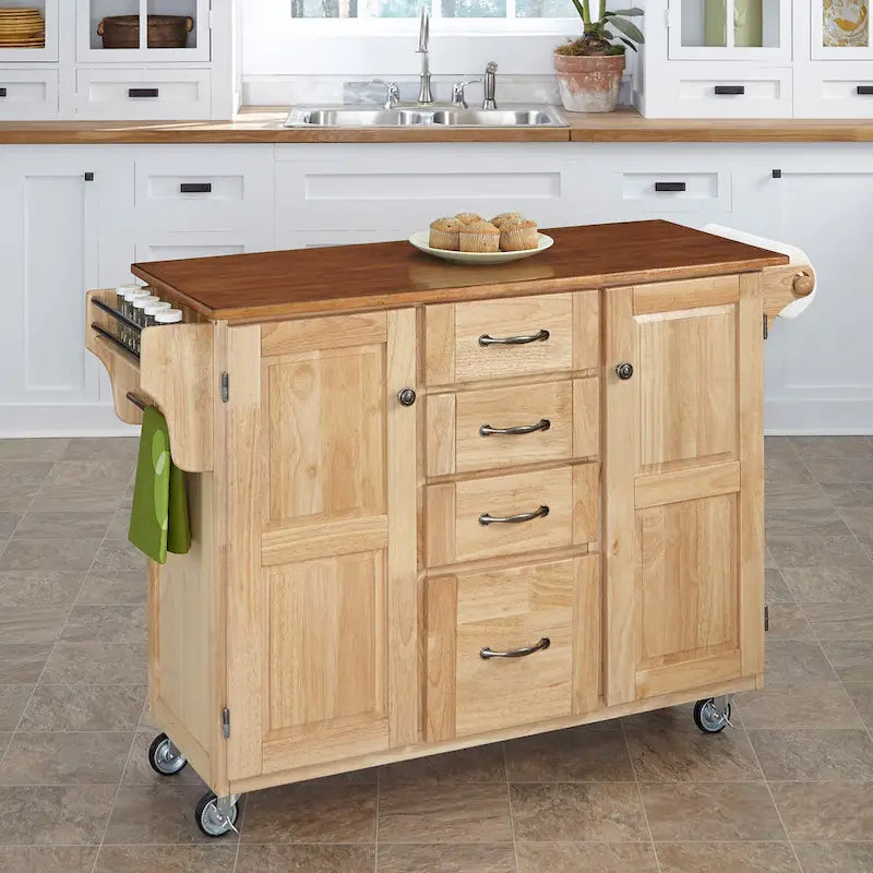 Puff Island Natural Finish 4-drawer Kitchen Cart