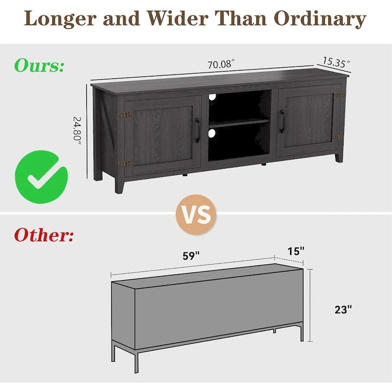 70 inch Modern TV Cabinet with Shelves, Media Entertainment Center with Doors-Black - M
