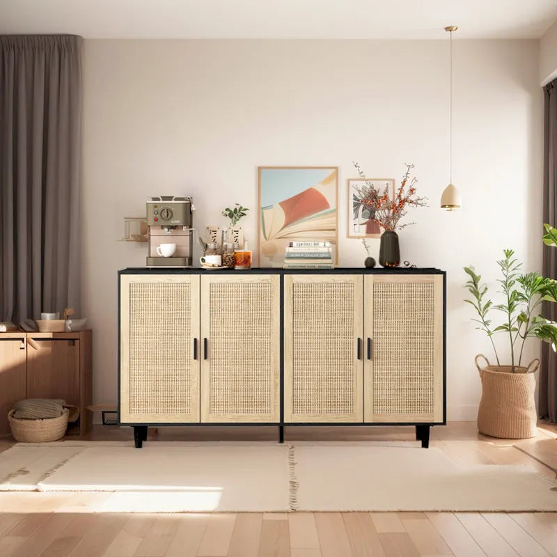 Functional 4-Door Rattan Decorative Storage Cabinet