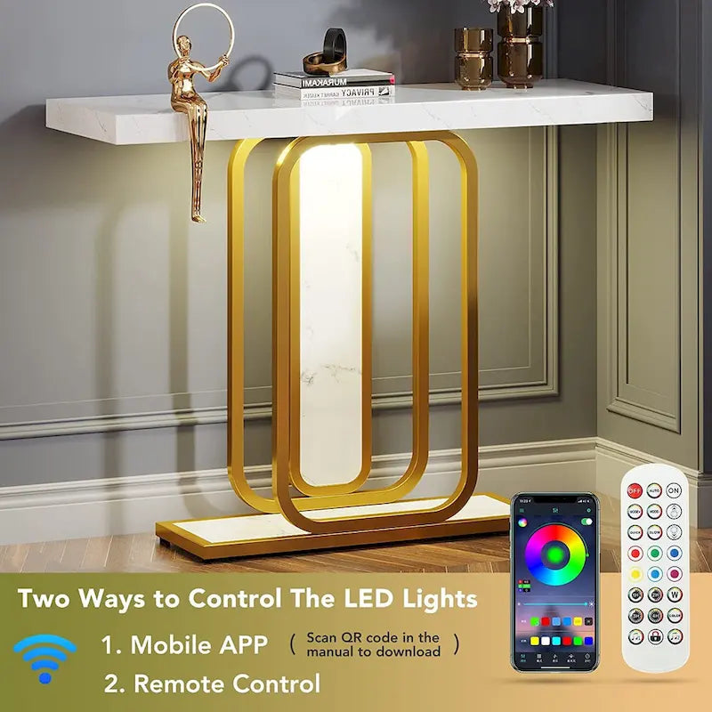 41.3 Console Table with LED Lights, Modern Gold White Entryway Hallway Accent Table