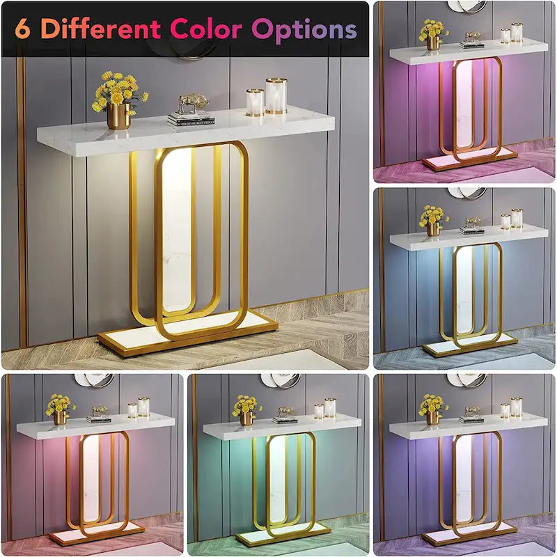 41.3 Console Table with LED Lights, Modern Gold White Entryway Hallway Accent Table