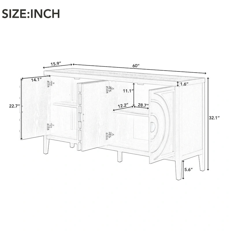 Retro Sideboard with Circular Groove Design Metal Handle