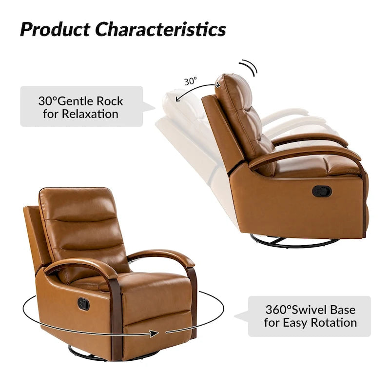 Leopold Modern Genuine Leather Swivel Rocking Manual Recliner Chair with Wooden Arm Accents by HULALA HOME