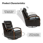 Leopold Modern Genuine Leather Swivel Rocking Manual Recliner Chair with Wooden Arm Accents by HULALA HOME