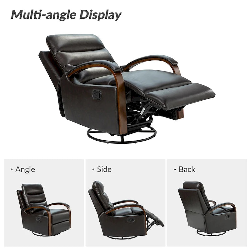 Leopold Modern Genuine Leather Swivel Rocking Manual Recliner Chair with Wooden Arm Accents by HULALA HOME