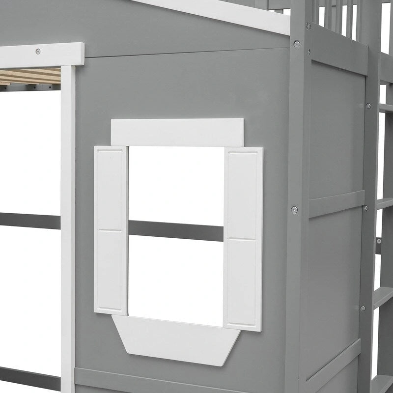 House Loft Bed Twin Kids Playhouse Bed, Solid Wood Loft Bed Frame with Window and Ladder