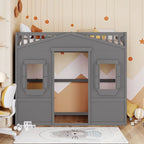 House Loft Bed Twin Kids Playhouse Bed, Solid Wood Loft Bed Frame with Window and Ladder