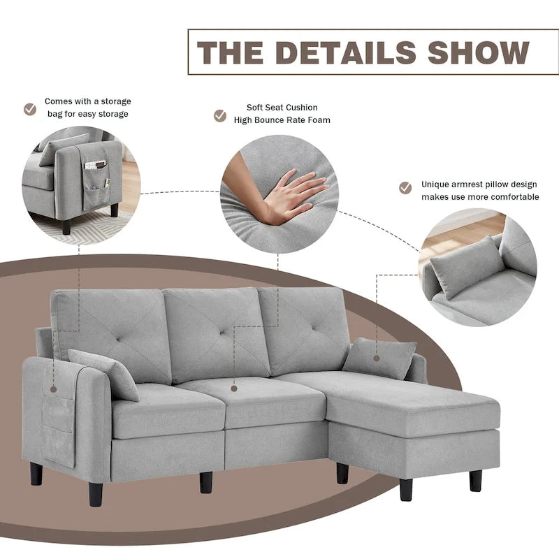 77.36 Inches Modern Sectional Sofa with Reversible Ottoman and Side Storage Pocket