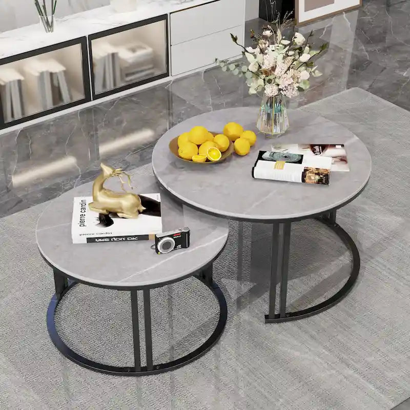 Round Sofa Nesting Coffee Table Sintered Stone Set of 2