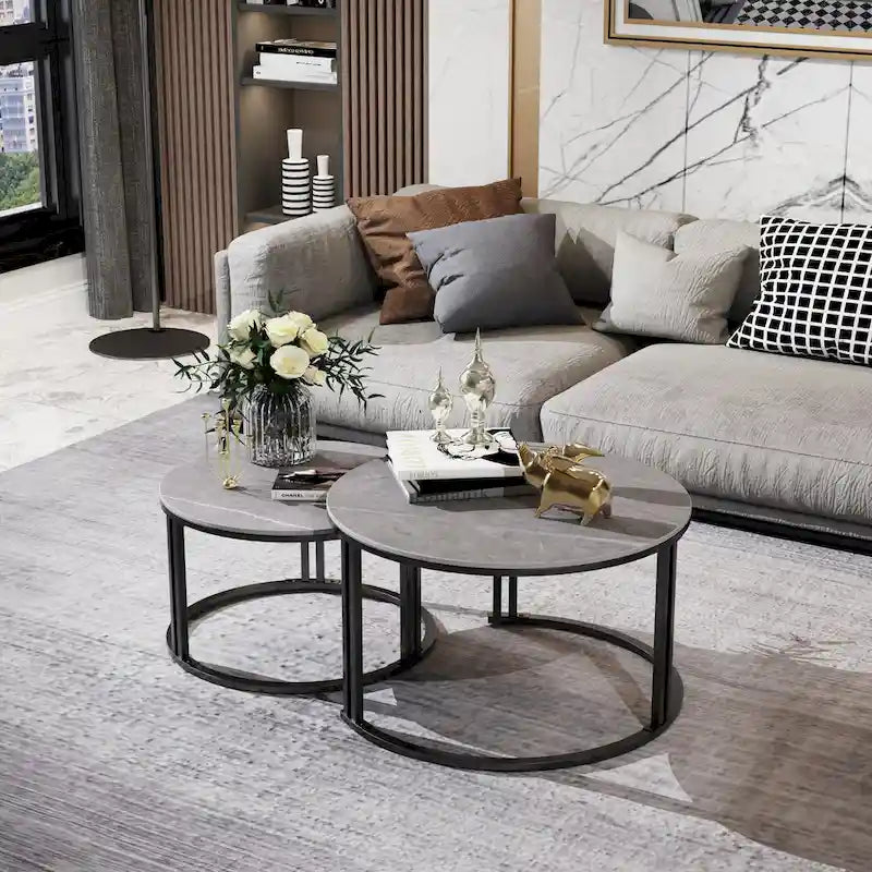 Round Sofa Nesting Coffee Table Sintered Stone Set of 2