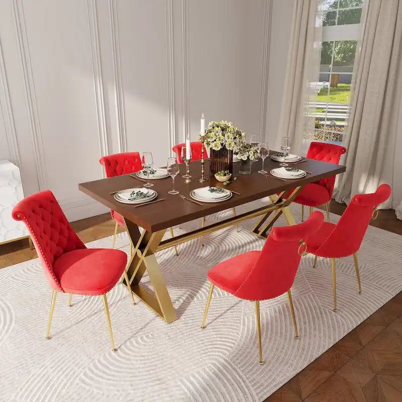 7-Piece  Walut Wood Dining Table with Velvet Chair Dining Chair