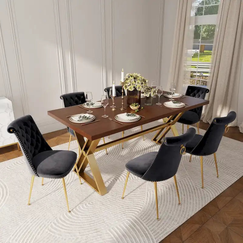 7-Piece  Walut Wood Dining Table with Velvet Chair Dining Chair