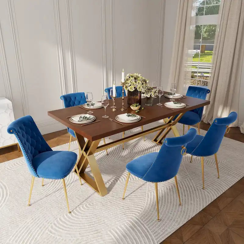 7-Piece  Walut Wood Dining Table with Velvet Chair Dining Chair