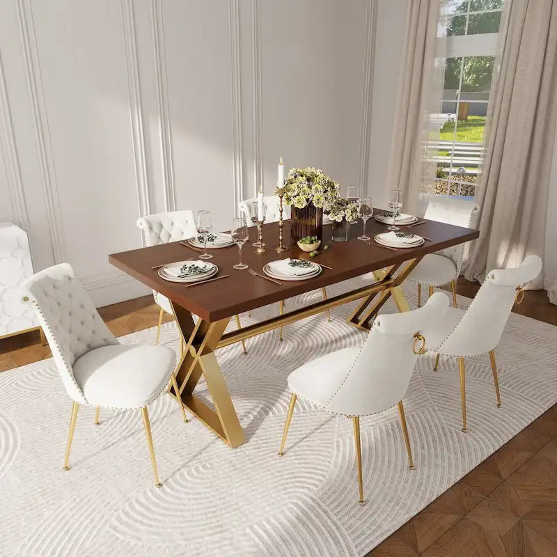 7-Piece  Walut Wood Dining Table with Velvet Chair Dining Chair