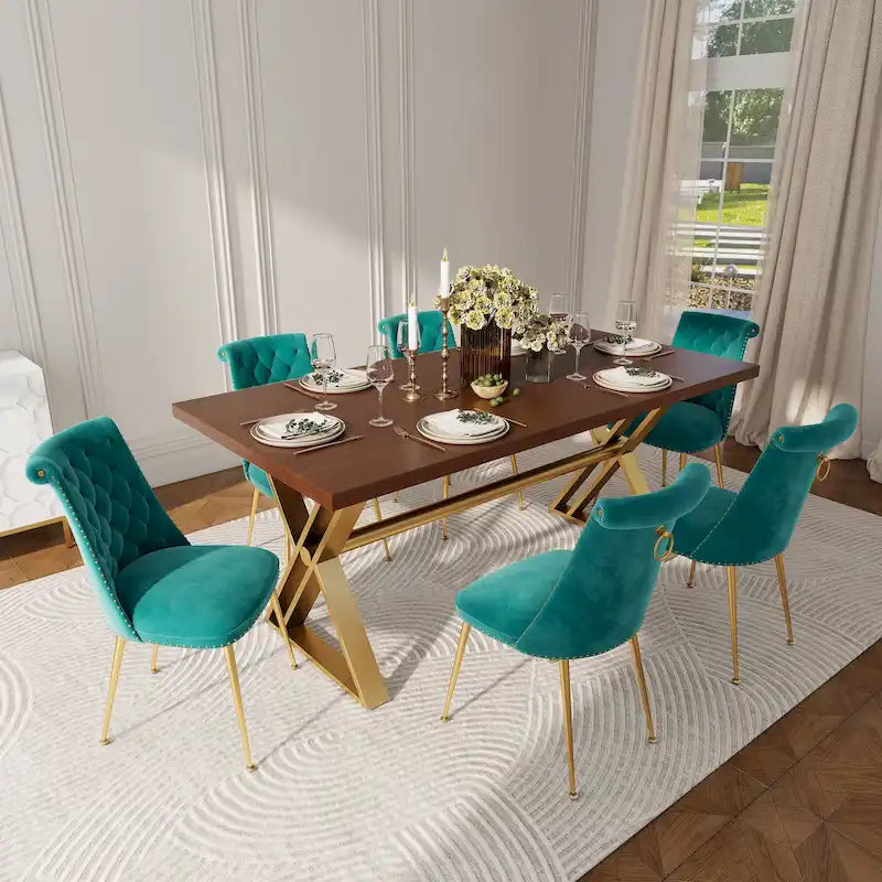7-Piece  Walut Wood Dining Table with Velvet Chair Dining Chair
