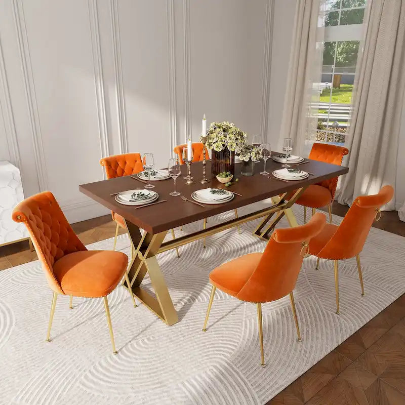 7-Piece  Walut Wood Dining Table with Velvet Chair Dining Chair