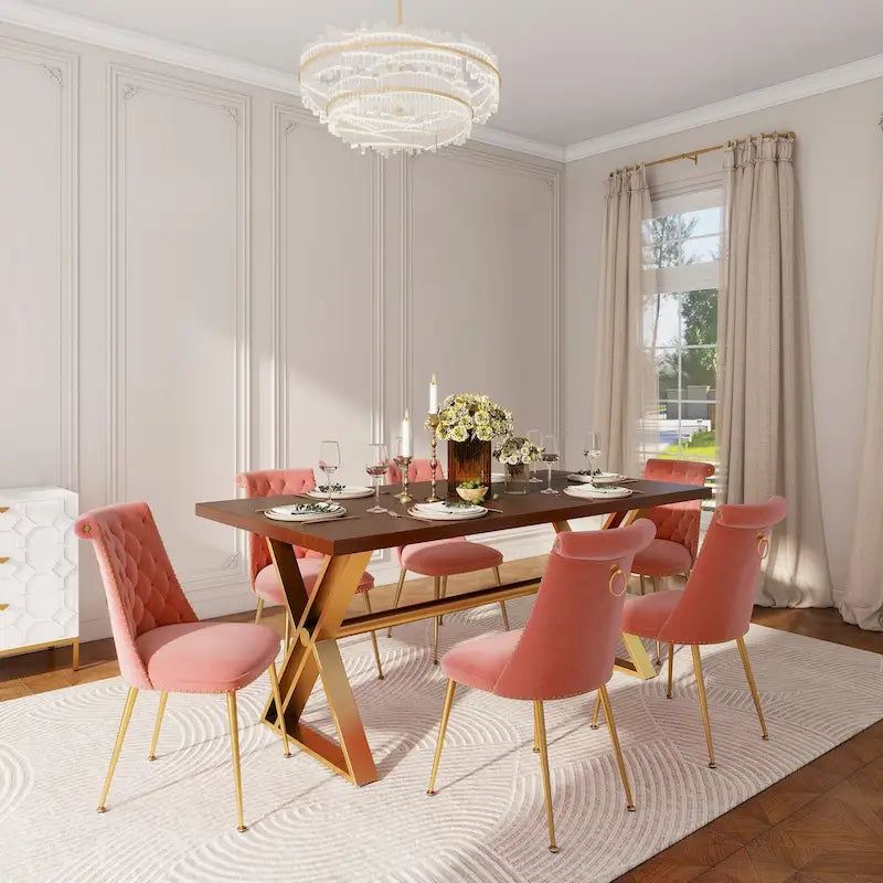 7-Piece  Walut Wood Dining Table with Velvet Chair Dining Chair