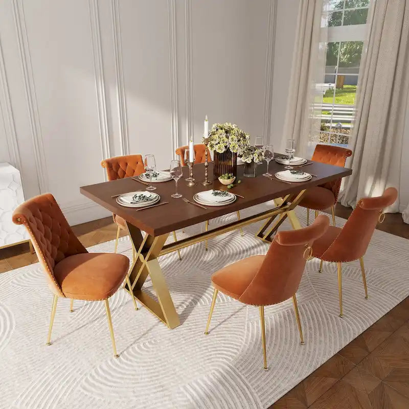 7-Piece  Walut Wood Dining Table with Velvet Chair Dining Chair