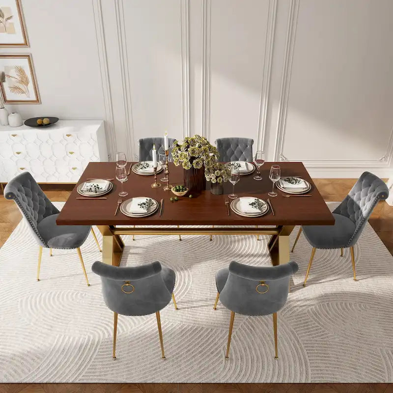 7-Piece  Walut Wood Dining Table with Velvet Chair Dining Chair