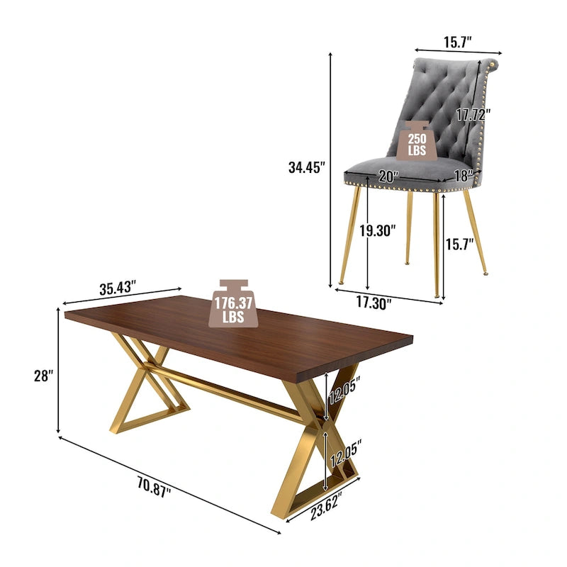 7-Piece  Walut Wood Dining Table with Velvet Chair Dining Chair