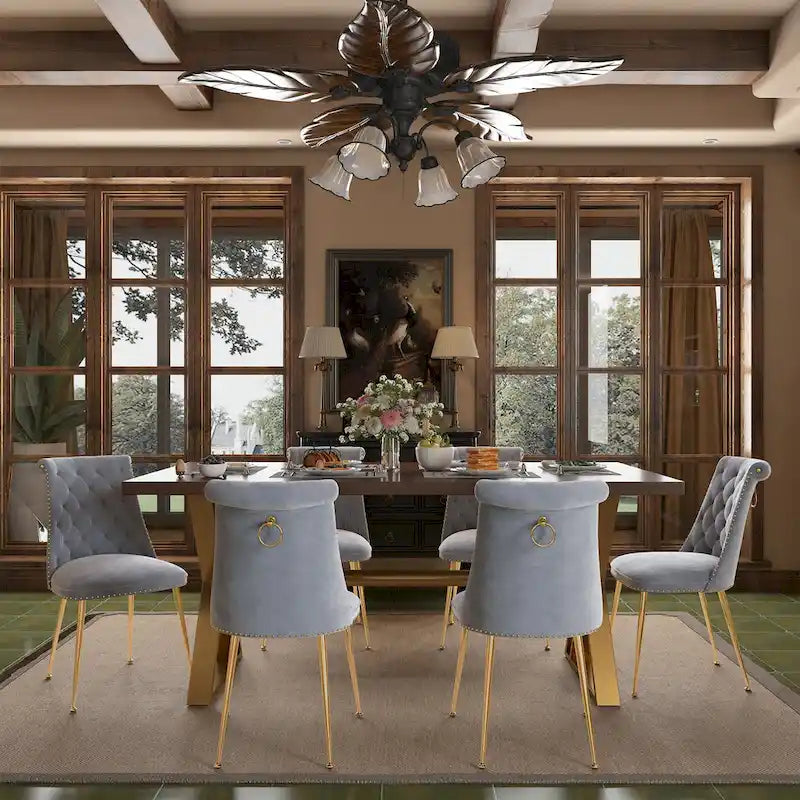 7-Piece  Walut Wood Dining Table with Velvet Chair Dining Chair