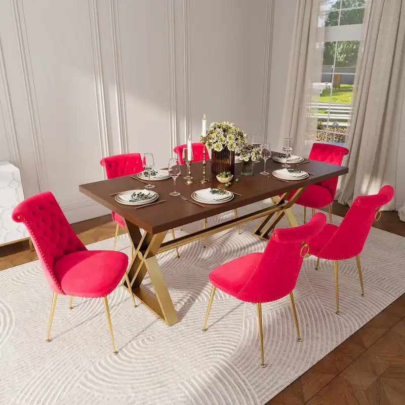 7-Piece  Walut Wood Dining Table with Velvet Chair Dining Chair