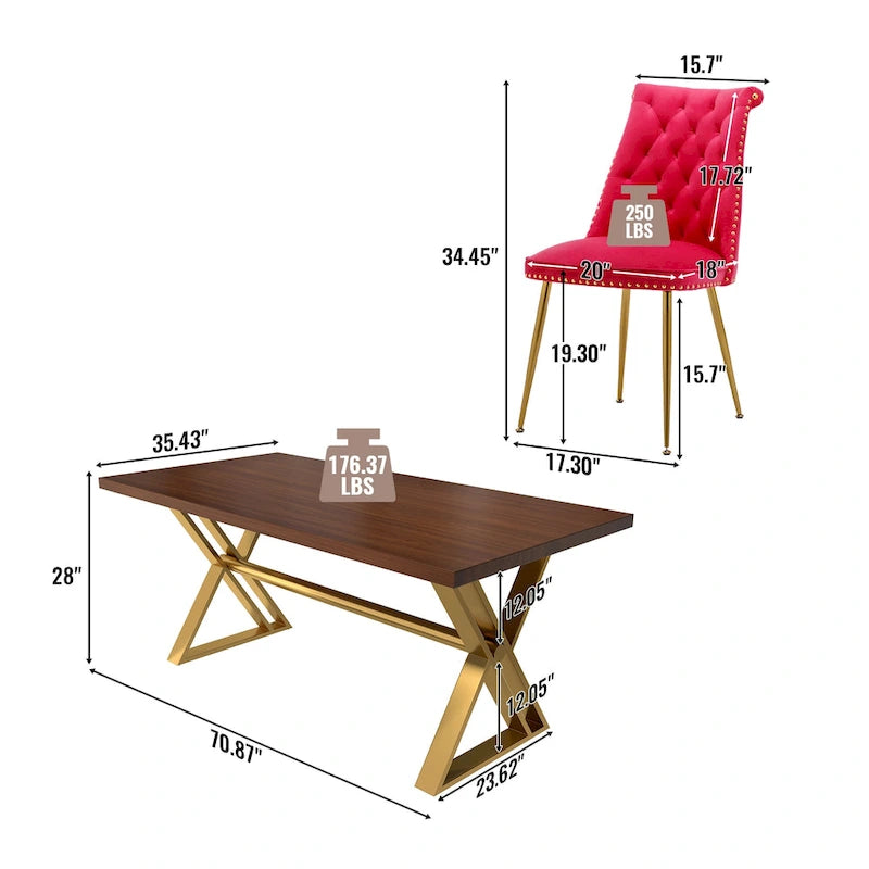 7-Piece  Walut Wood Dining Table with Velvet Chair Dining Chair
