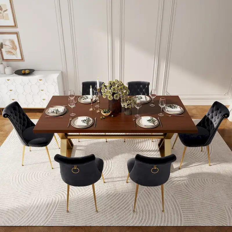 7-Piece  Walut Wood Dining Table with Velvet Chair Dining Chair