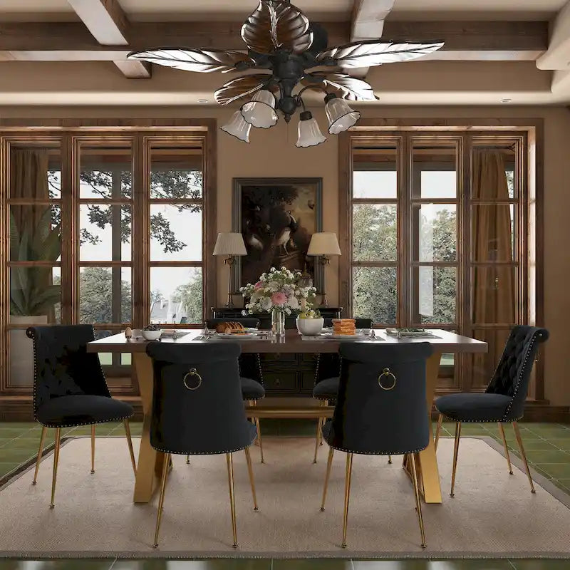 7-Piece  Walut Wood Dining Table with Velvet Chair Dining Chair