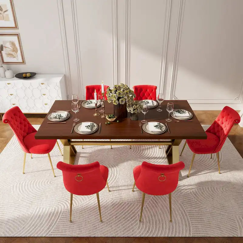 7-Piece  Walut Wood Dining Table with Velvet Chair Dining Chair