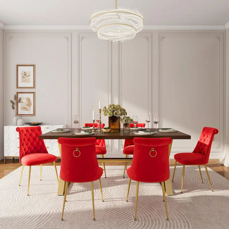7-Piece  Walut Wood Dining Table with Velvet Chair Dining Chair