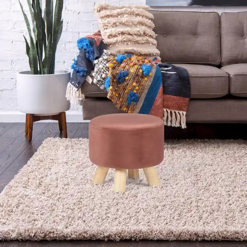 Adeco Round Ottoman Velvet Foot Rest Stool with Non-Skid Legs