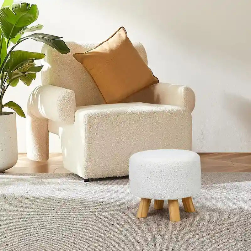 Adeco Round Ottoman Velvet Foot Rest Stool with Non-Skid Legs
